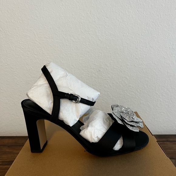 New in Box! J. Crew Black Rhinestone Rosette Satin Heels. Size 8. - Picture 7 of 12